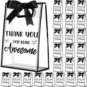 Shinylin 24 Pcs Employee Appreciation Clear Gift Bags Inspirational Clear Plastic Gift Bags with Handle Thank You for Being Awesome Reusable Party Favor Bag for Employee Coworker Teacher, 10 x 7 x 3.1 (Black)