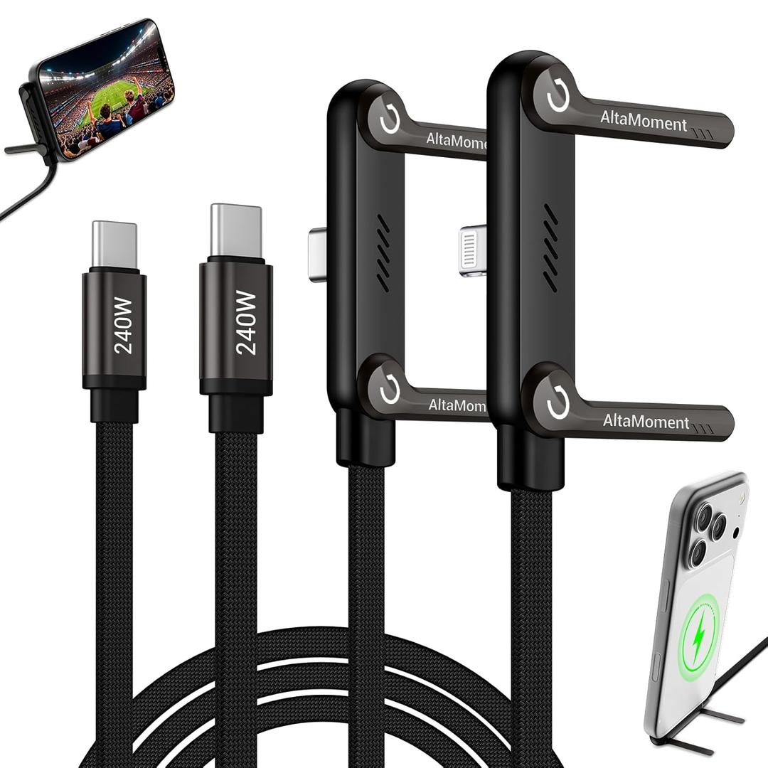 Invisible Holder Charger Cable, 240W PD Fast Charging Cable for Desk, USB-C to USB-C & USB to Light-ning Cable 4.9 FT with 360 Adjustable Metal Stand, 2 in 1 Holder Charger for Gaming, Office, Home