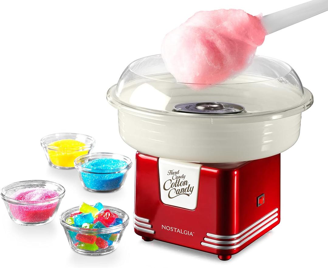 Nostalgia Cotton Candy Machine - Retro Cotton Candy Machine for Kids with 2 Reusable Cones, 1 Sugar Scoop, and 1 Extractor Head  Red
