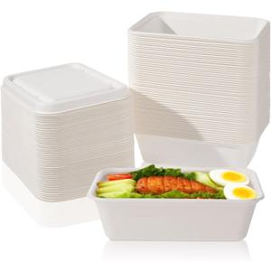 24 oz Disposable Food Containers with Lids 50 Pack Sugarcane Pulp Food Prep Containers Biodegradable Lunch Take out Box Compostable and Microwave Safe for Meal Prep (White)