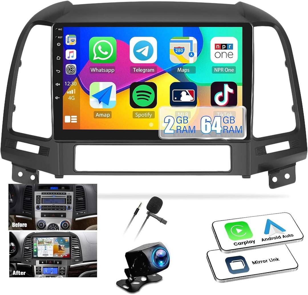 2G+64G Android 13 Car Stereo for Hyundai Santa Fe Radio 2006-2012 Wireless CarPlay Android Auto GPS Navigation 9 HD Touchscreen Bluetooth SWC FM/WiFi/Mirror Link+Backup Camera