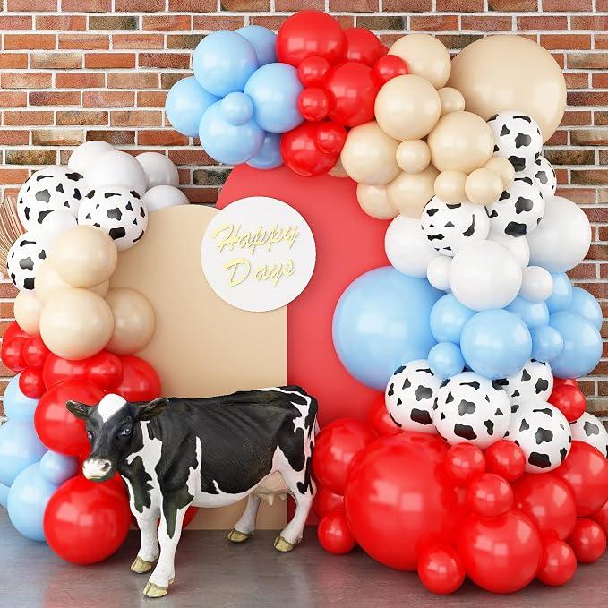 170Pcs Cowboy Western Balloons Arch Garland Kit,Red and Blue Cow Print Balloons for Western Cowboy Cowgirl Farm Animal Themed Baby Shower Birthday Party Decorations Supplies