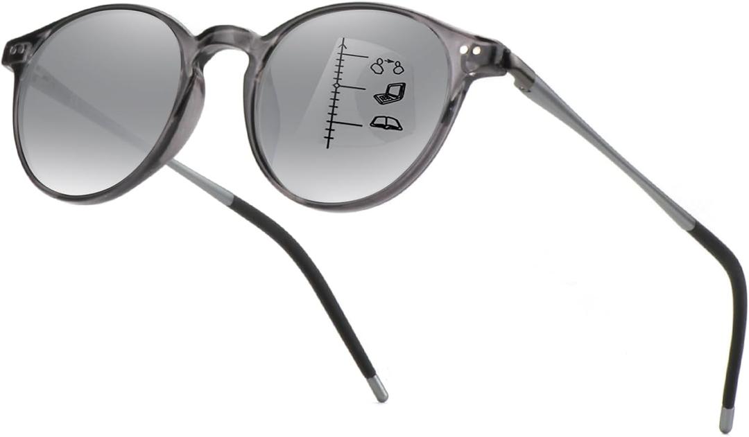 Exquisite Round Ultralight Progressive Multifocus Reading Sunglasses Women Men Durable Blue Light Blocking Anti EyeStrain/UV Multifocal Sun Readers Spring Hinge（Clear Top,Distance Range 20 ft）1.5 Gray