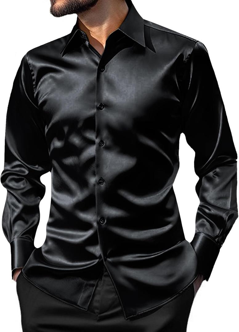 AOTORR Men's Luxury Shiny Silk Like Satin Button Up Dress Shirts Slim Fit Long Sleeve Nightclub Party Disco Prom Shirts (XX-Large, Black)