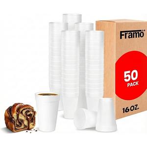 16 oz Insulated Foam Cups [50 Pack] Disposable Coffee Cups for Hot & Cold Drinks, Lightweight White Drinkware for Home, Office, Church, Catering, Parties, BBQ, Events, & Breakrooms