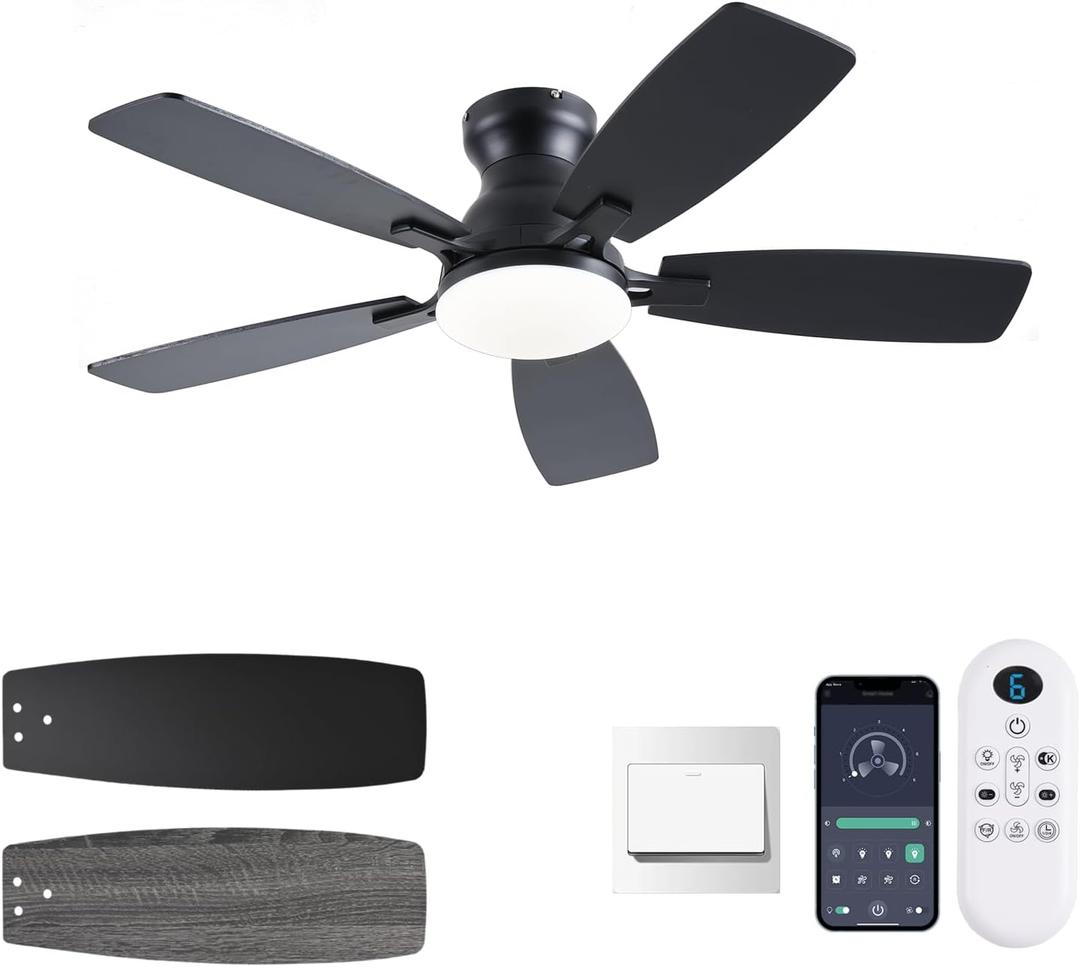 42inch Ceiling Fans with Lights, Low Profile Ceiling Fan with Light and Remote/APP Control, DC Reversible Motor, Noiseless, Flush Mount, Black Ceiling Fan for Bedroom Indoor/Outdoor Use