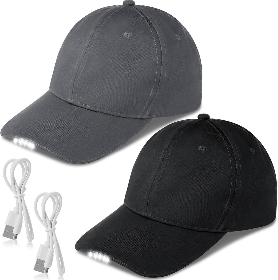 Syhood 2 Pieces LED Baseball Caps Flashlight Hats Hands Free Baseball Caps with Light Built in 5 Battery Powered Headlamp LED Hats Light for Men Fishing Jogging Camping Hand Work