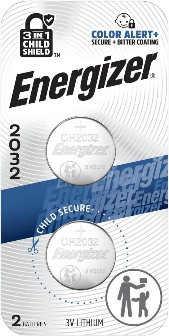 Energizer 2032 Batteries (2 Pack), 3V Lithium Coin Batteries with 3-in-1 Child Shield