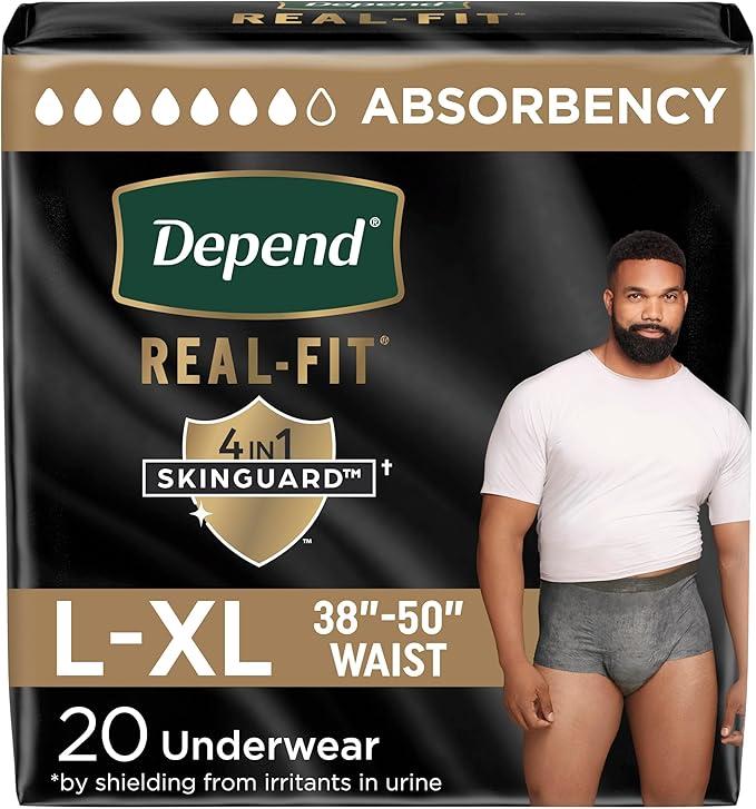 Depend Real Fit Adult Diapers, Incontinence Underwear for Men, Disposable, Maximum Absorbency, Large/Extra Large, Grey, 20 Count, 