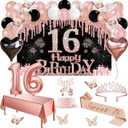 Sweet 16 Party Decorations, 49pcs Black Rose Gold Black Banner, Tablecloth, Butterfly Decor, Sweet 16 Sash and Tiara, Cake Topper, Candles, Balloons Arch