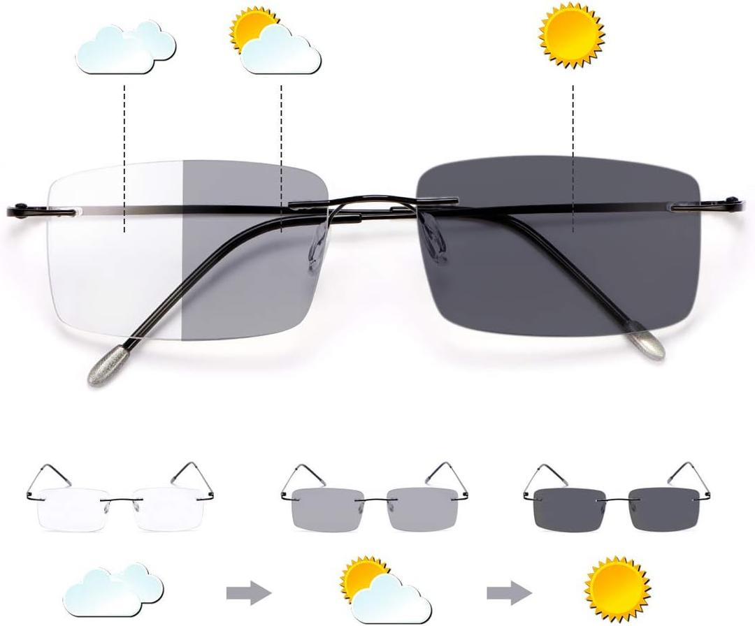 MIRYEA Progressive Photochromic Multifocus Reading Sunglasses Rimless Anti Blue Light Glasses Transition Sun Readers Eyewear