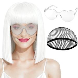 Plulon White Bob Wig with Bangs, Short Straight Bob Wig with Heart Sunglasses 12 Inch Shoulder Length Heat Resistant Synthetic Hair for Women Natural Look Daily Use Cosplay Halloween Costume Party