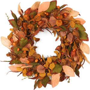 Autumn Wreath with Small Pumpkin, Berry & Leaves - 22 inch, Indoor/Outdoor Farmhouse Decoration (Fall)