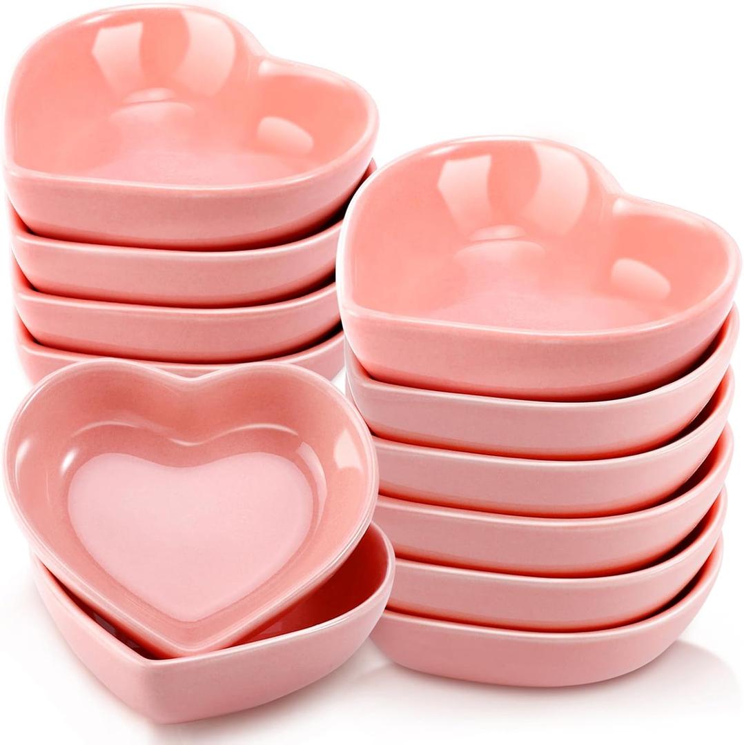 12 PCS Ceramic Heart Shaped Dipping Bowls, Mini Soy Sauce Dish, Porcelain Side Dishes for Dinner Wedding Sushi Candy, Multipurpose Seasoning Dishes Serving Dishes, Pink