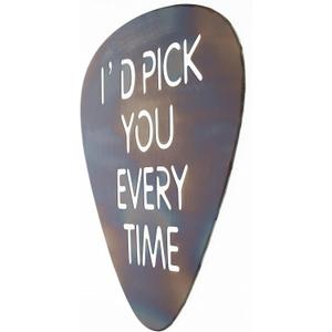 Top Brass Metal Guitar Pick Wall Decor Art - 12" I'd Pick You Every Time - Rustic Glossy Torched Finish