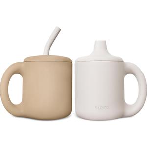 KIDSco. Silicone Sippy Cups (2 Pack)  Soft Spout/Straw & Open Training Cups for Babies 6+ Months | Easy Grip Handles, Unbreakable BPA-Free Silicone, Leak-Resistant, Dishwasher Safe (Oat and Tan)