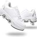 Double-Row Deform Wheel Automatic Walking Shoes Invisible Deformation Roller Skate 2 in 1 Removable Pulley Skates Skating Parkour (5, White Silver)
