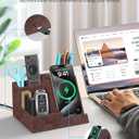 Wireless Charger with Desk Organizer, Pen Pencil Holder, Multifunctional Desktop Organizer, Office Supplies and Desk Accessories Organizer with 3 Compartments and 1 Phone Stand, Dark Brown