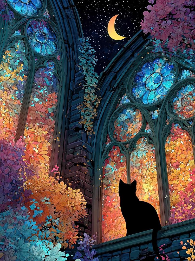 Puzzles for Adults 1000 Pieces, Stained Glass Cat Fantasy Night Moon Scene, Challenging Puzzle Game with Poster, Matte Finish, Interlock Perfectly Frameable Wall Decor Gift