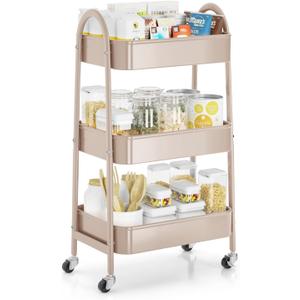 EAGMAK 3 Tier Rolling Cart, Large Metal Storage Cart with Handle and Lockable Wheels, Big Multifunctional Storage Organizer Trolley with Mesh Baskets for Kitchen, Living Room, Office, Garage (Beige)