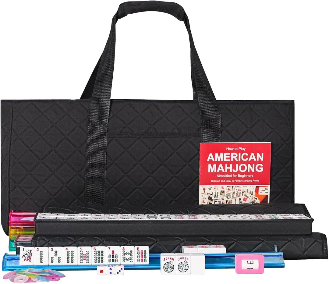 ZGME American Mahjong Set,166 White Tiles with Black Rectangular Bag and Accessories,4 All-in-One Mahjong Racks with Pushers,Complete Western Mahjong Set, 1.2" 0.9" 0.5"