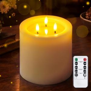 Yeelida 3-Wick 6"x6" Extra Large Real Wax Flameless Pillar Candles with Remote Control and Timer Function, Candle Grease White Battery Operated LED Flickering 3D-Wick (Long Lasting, Warm Fire)