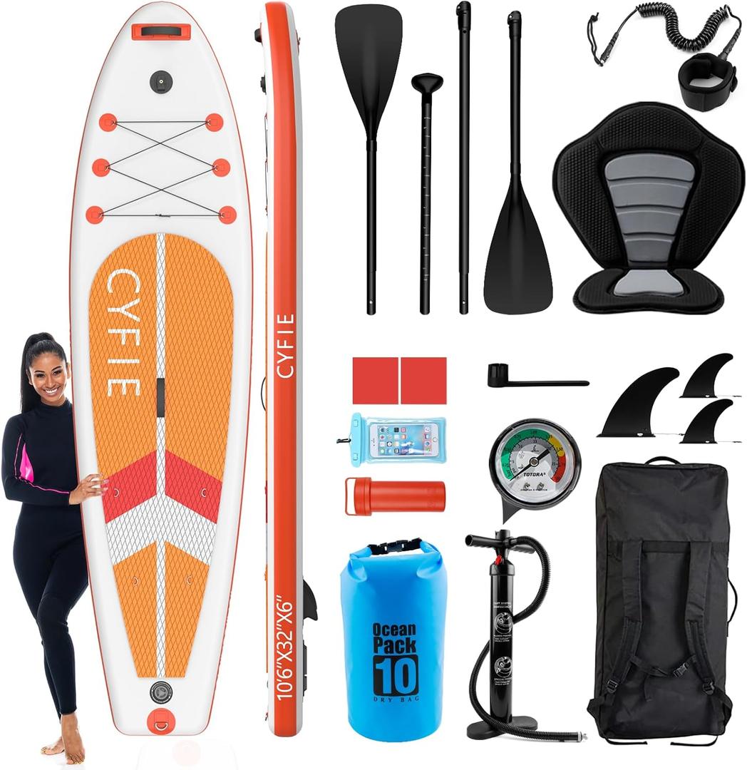 CYFIE 10'6''Inflatable Stand Up Paddle Board, Paddle Boards with Premium SUP Paddle Board Accessories, Removable Kayak Seat and Camera Mount for Yoga, Kayaking, Surf, Fishing