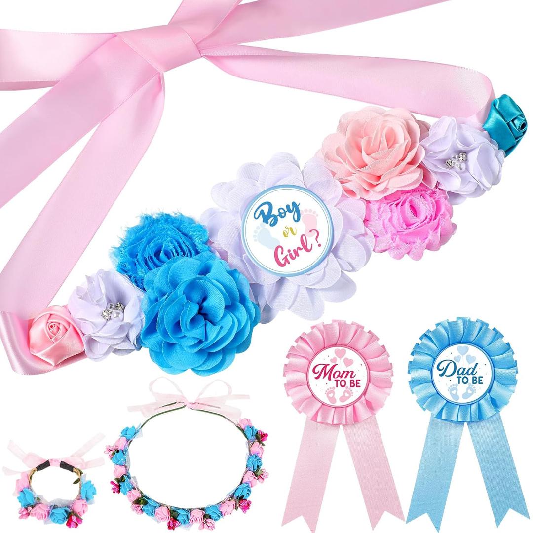 Riceshoot Boy or Girl Maternity Flower Sash and Corsage Set Gender Reveal Decorations Mom to Be Dad to Be Pin with Headband Wristband for Baby Shower Gender Reveal Party Pregnancy Props Keepsake Gifts