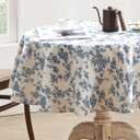 Cotton Linen Round Tablecloth - Pastoral Floral Tablecloth Washable Table Cloth for Kitchen Dining Room Table Cover for Party Dinner, Picnic (Blue Floral, Round 55")