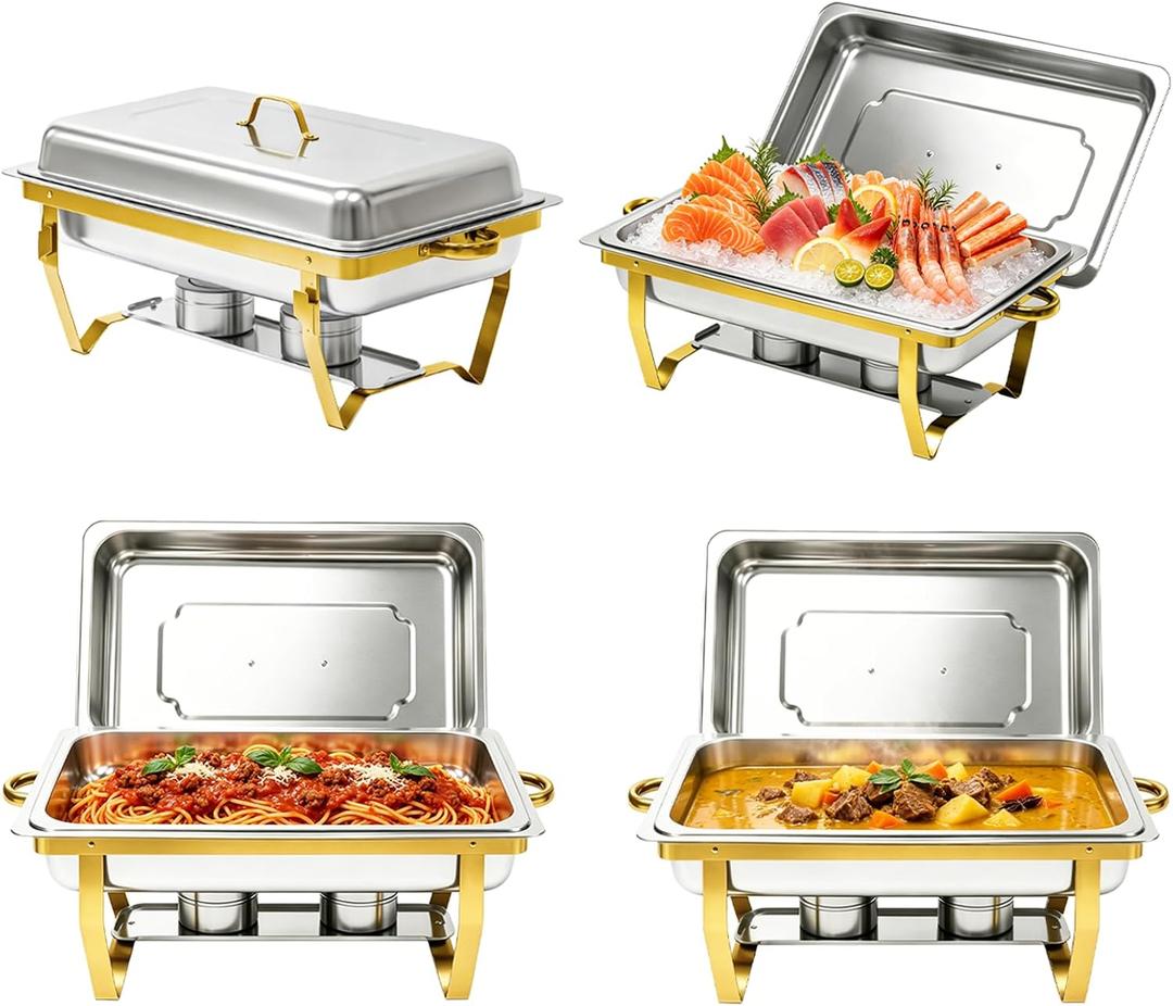 9QT Chafing Dishes for Buffet, 4 Pack Stainless Steel Buffet Servers and Warmers, Rectangular Chafing Dish Buffet Set, Food Warmers for Parties Gatherings Banquet, Buffet, Party, Wedding, Gold