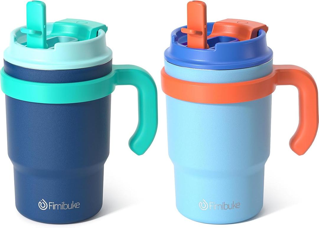 Fimibuke 16oz Kids Insulated Tumbler with Handle & Straws - 2 Pack BPA FREE 18/8 Stainless Steel Toddler Cups with Sip/Swig 2-in-1 Lids, Leak Proof Kid Drinking Cup Travel Mugs for Children Boys Girls (B2.Navy Blue & Light Blue)