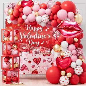 Valentines Day Party Decorations Romantic Red Heart Valentine Balloon Garland Backdrop Kit with Tablecloth Cake Topper Cupcake Toppers Love-Themed Party Supplies for Valentines Celebration