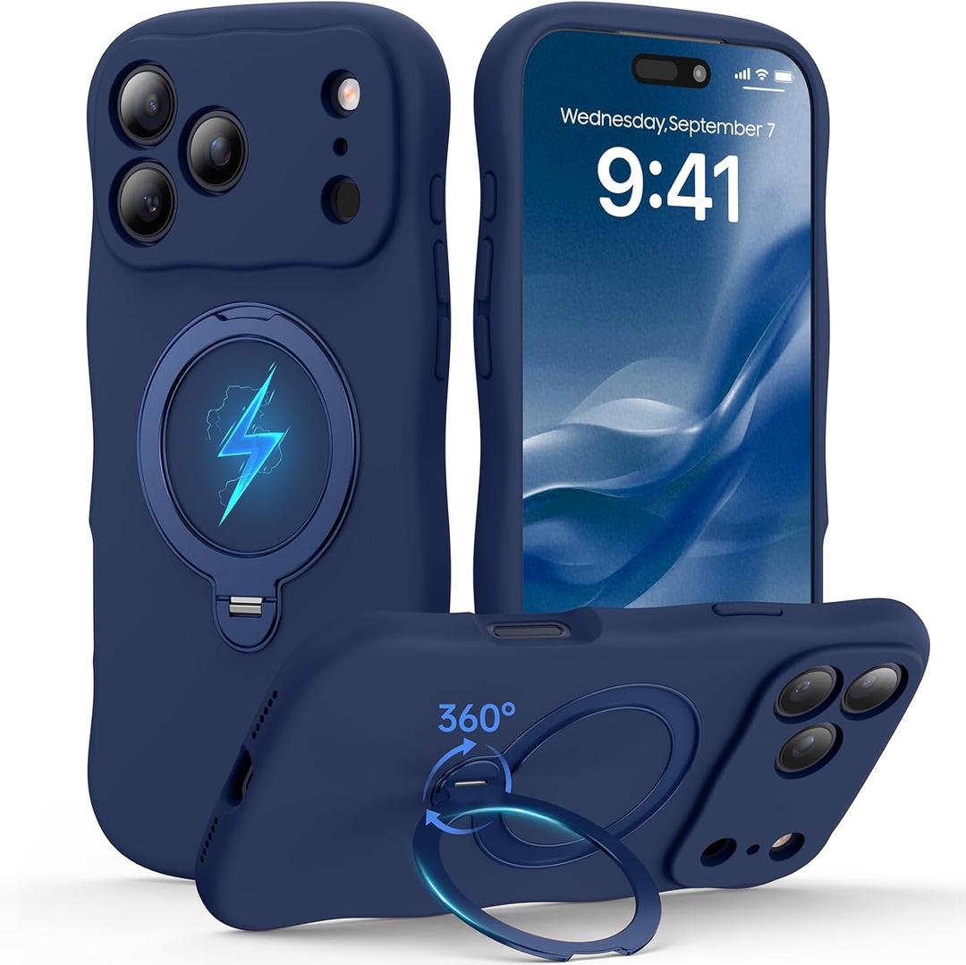 360 Spin Silicone Stand (Pro-Version) for iPhone 17 Pro Max Case: Cute Wavy [Full Camera Protection] (Fit for MagSafe) Shockproof Women Girl Phone Case for iPhone 17 Pro Max 6.9", Midnight Blue