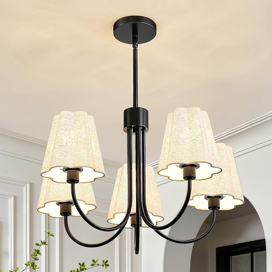 RUIYEY Modern Dining Room Chandelier - 23" 5-Light Gold Farmhouse Chandeliers with White Fabric Shades, Adjustable Hanging Dining Room Light Fixture, E12 Hardwired Ceiling Light for Kitchen Island
