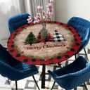 Christmas Elastic Round Tablecloth, Christmas Tree Red Buffalo Plaid Xmas Snowflake Fitted Tablecloths for Round Table Oil-Proof Waterproof Table Cloth (Fit for 55" - 60" Round Tables)
