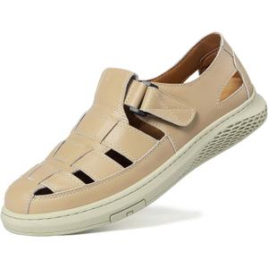 Qiucdzi Men's Sport Sandals Leather Closed Toe Sandal Breathable Outdoor Fisherman Shoes Adjustable Summer Beach Shoes for Hiking Walking (Beige)