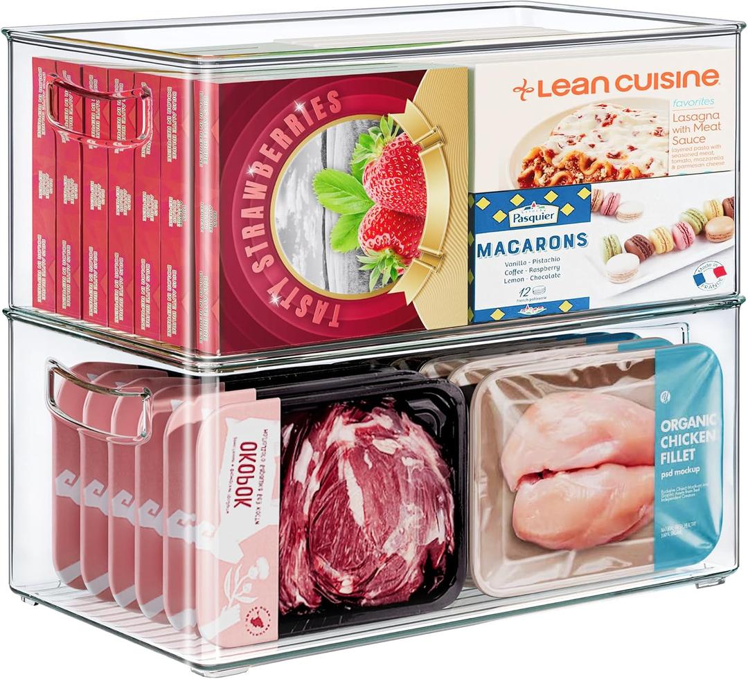 Heyuzb 2 Pack Clear Freezer Organizer Bins Stackable Storage Bins with Side Handles for Kitchen Pantry Cabinet Organzation and Storage