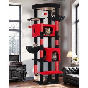 Globlazer Gothic Heavy Duty Cat Tree, 74in Sturdy Goth Cat Tower for Large Cats Adult Big Cat Tree with 7 Scratching Posts, 2 Padded Spacious Condos, 2 Hanging Baskets, Enlarged Perch, S74, Red Black