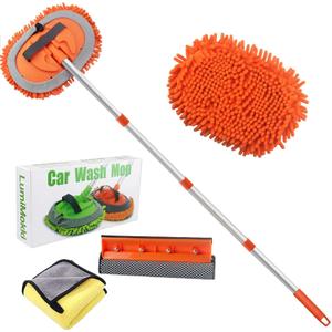 62 " Car Wash Mop Kit - Car Cleaning Mop with Long Handle Stainless Steel Pole for RVs, SUVs, Trucks and Buses (Orange)
