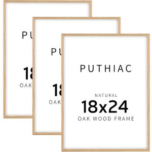 puthiac 18x24 Solid Oak Wood Picture Frame, 18 x 24 Poster Frames for Wall, Vertical or Horizontal, Plexi Front, 3 Pack, Natural Oak