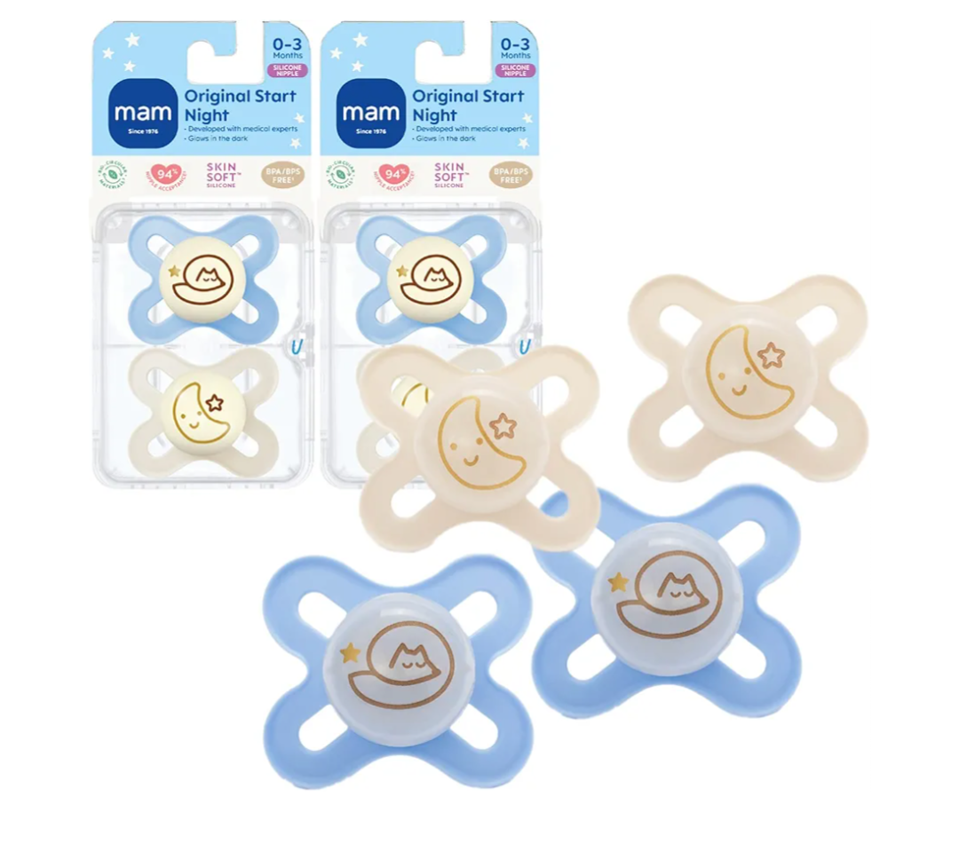 MAM Original Start Night Baby Pacifiers, Binky for 0-3 Months, BPA-Free Silicone Nipple, Easy to Clean, Best for Newborn Babies, Developed with Medical Experts, 2 Count Binkies with Sterilizer Case