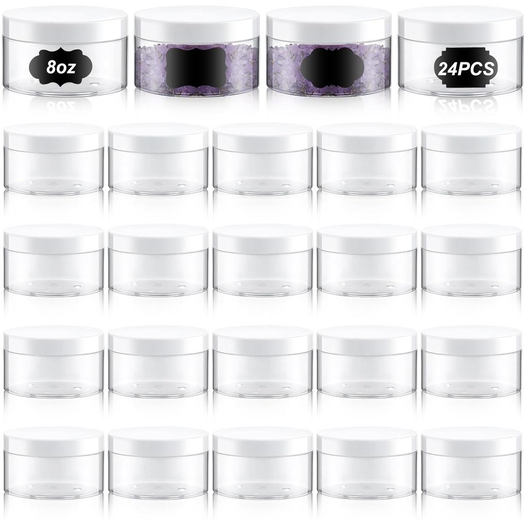 Dandat 24 Pcs 8 oz Plastic Jar Container with Lid and Label Refillable Empty Round Clear with White PET Cosmetic Sample Slime Containers for Lotion, Cream, Ointment, Body Butter, Makeup Travel Storage
