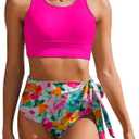 AI'MAGE Womens High Waisted Bikini Set Tummy Control 2 Piece Bathing Suit Modest Racerback Swimsuit 2025 with Tie Side Knot (Small, Hot Pink Flower)