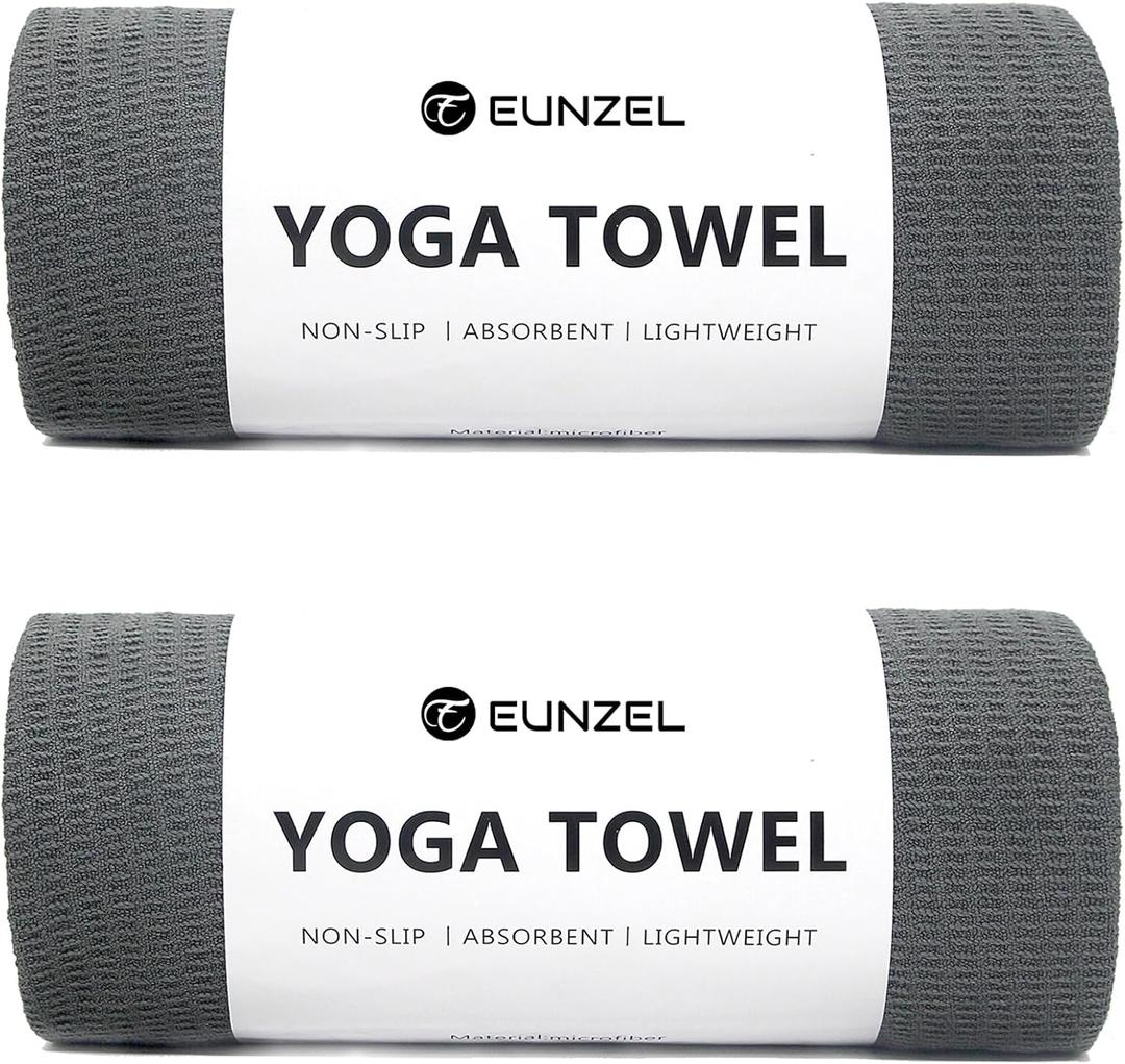 Eunzel 2 Pack Hot Yoga Towel, Non-Slip Yoga Mat Towel with Grip Dots Stickyfiber Sweat Absorbent Towel for Hot Yoga, Pilates and Workout 72" x 24", Dark Grey