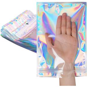 50Pcs Pen Packaging Bags for Small Business, Resealable Foil Pouch Bag For Pens, Holographic Ziplock Smell Proof Storage Bags for Packaging Lipgloss,Jewelry,Cosmetic,Candy (6x9 Inch)
