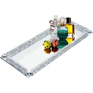 Crystal Glass Serving Tray, Crushed Diamond Filled Modern Glass Mirror Jewelry Trinket Tray, 13.7" x 5.9" Rectangular Makeup Perfume Tray for Bedroom Dresser, Home Decor, Banquet,Party(Silver)