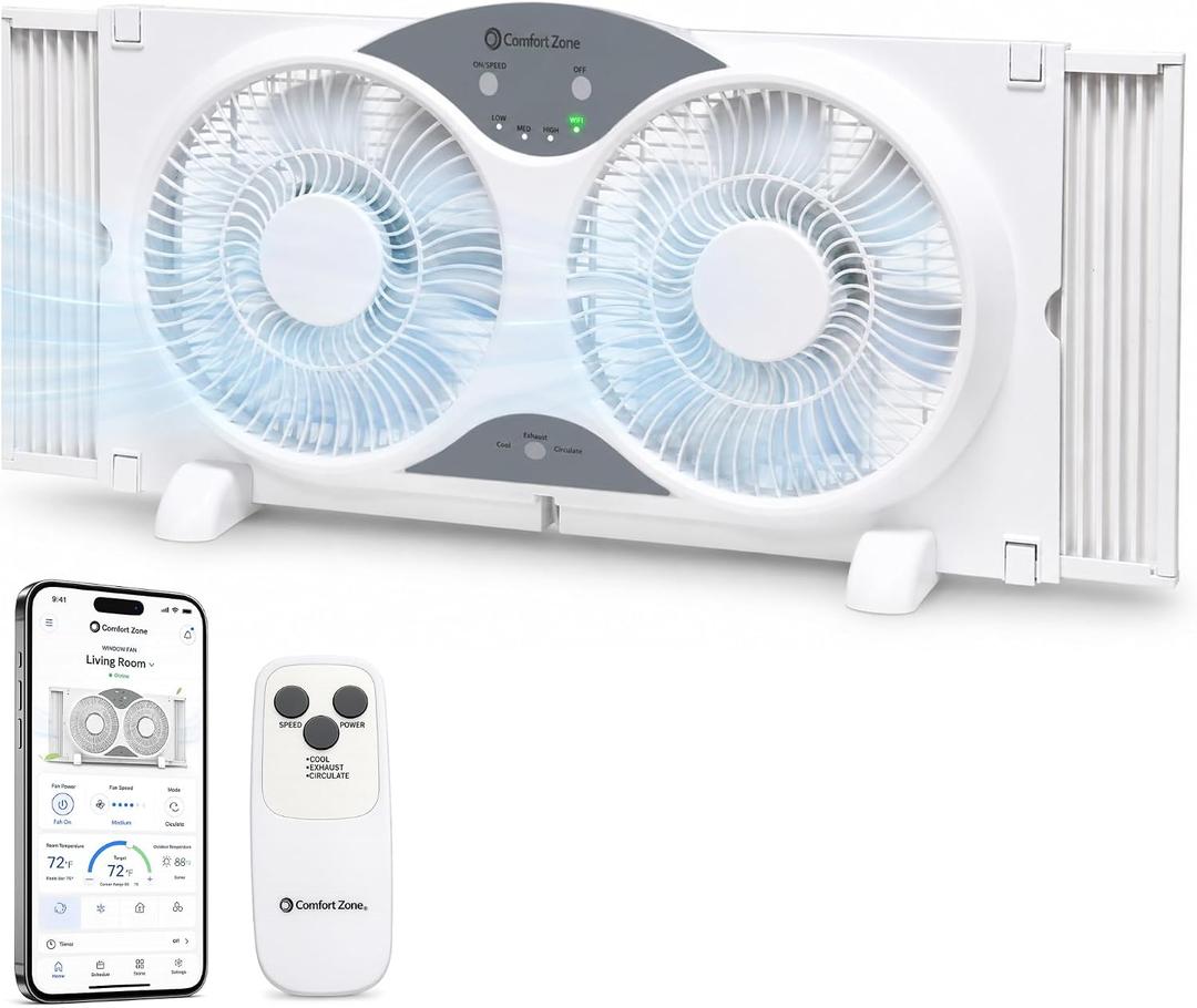 Comfort Zone 9" Smart Reversible Twin Window Fan with WiFi & Remote Control | 3-Speed Exhaust, Intake & Circulate Functions | Adjustable 23.5" to 37" Width | Works App (iOS/Android)