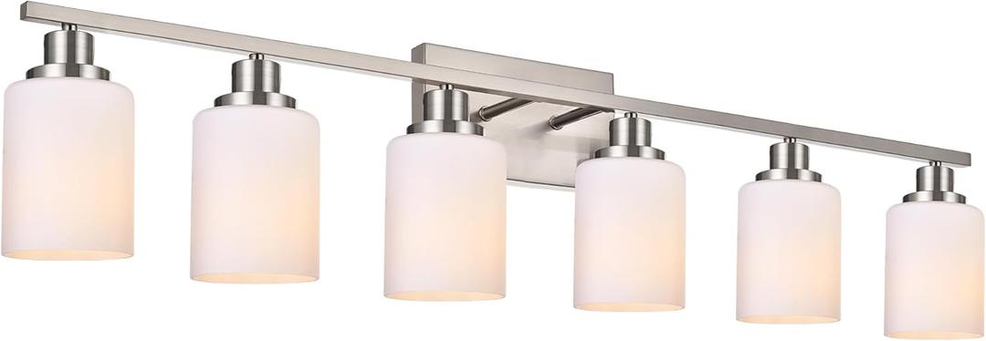 Wanluce 6-Light Bathroom Vanity Light Brushed Nickel Bathroom Lighting Fixtures Over Mirror with Opal White Glass Shade, Polished Nickel Finish Vanity Wall Sconces Fixtures for Bedroom Living Room