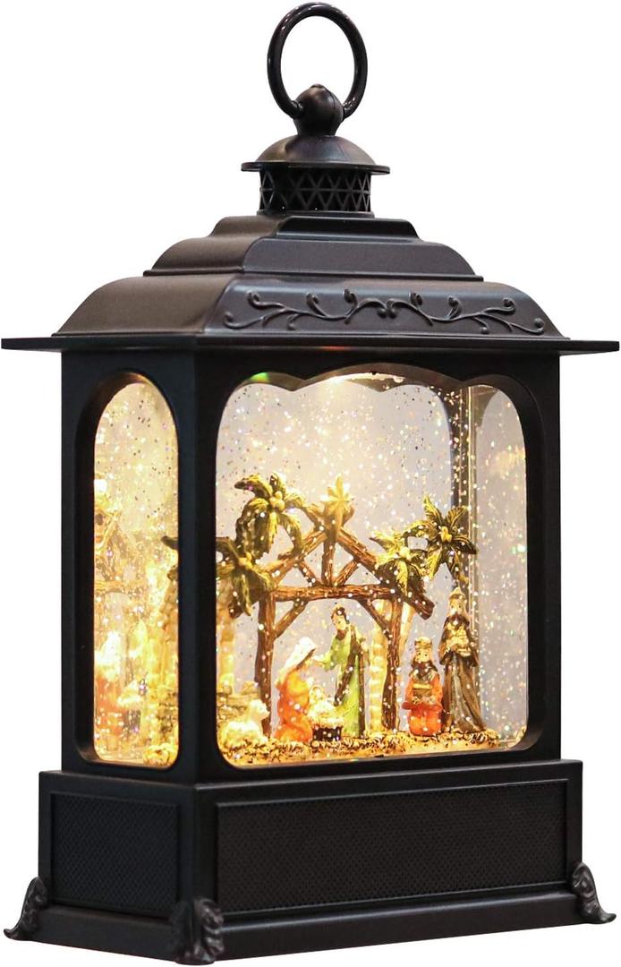 Eldnacele Musical Snow Globe Lantern with Timer, Lighted USB/Battery Operated Swirling Singing Water Glittering Lantern, Snow Globes for Adults and Kids Christmas Decoration- Nativity (2-nativity Black)