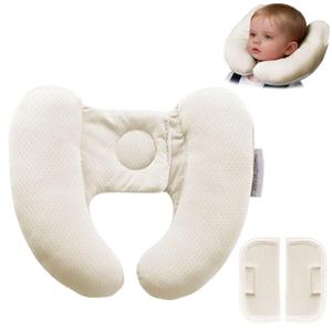 Baby Neck Pillow for Car Seat and Stroller, Adjustable Baby Head Support Pillow for Travel, Soft and Cushiony Torticollis Pillows for Infant and Newborn (Beige)
